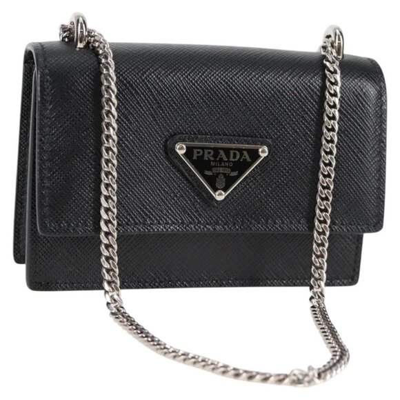 PRADA Chain Card Case Safiano leather Black Auth sw390AM - Picture 1 of 16